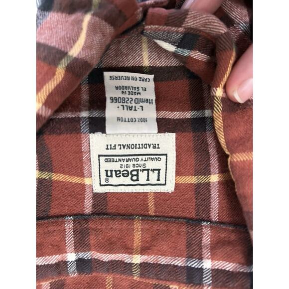 LL Bean Cotton Mens Flannel Button Up Long Sleeve Shirt Orange Plaid XL Tall - Picture 5 of 6